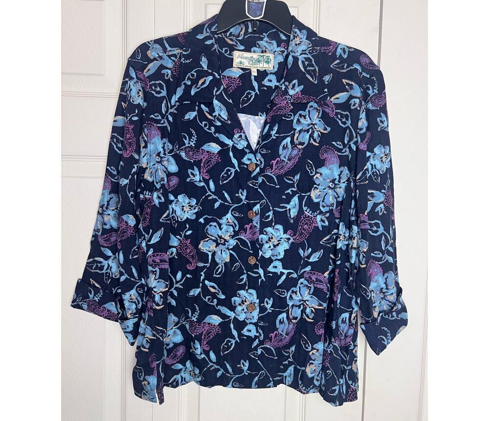 Havana Jack's Cafe Tropical Floral Print Womens 3/4 Sleeve Button Up Shirt Sz XL